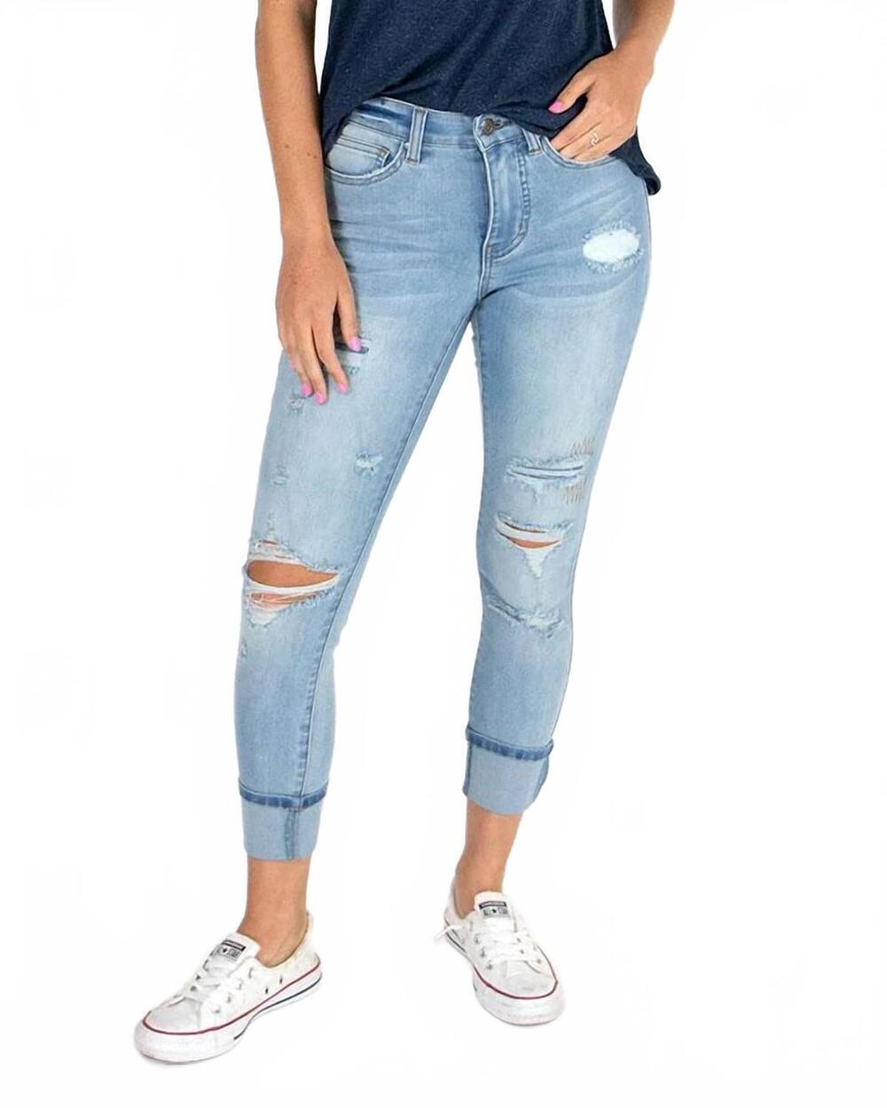 NEW GRACE AND LACE large cuff waist shaper jeggings in distressed light-wash